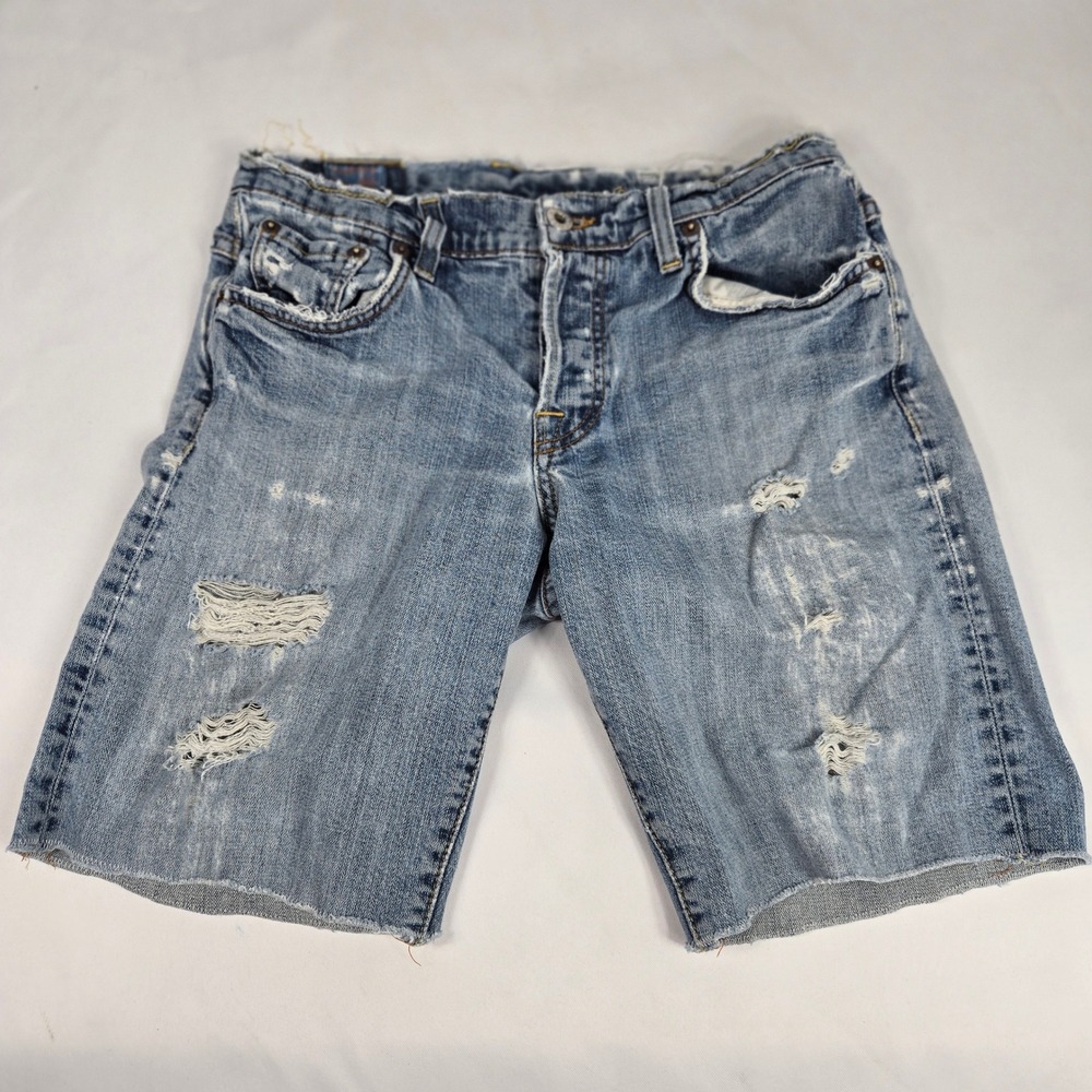 Lucky Brand Easy Rider Denim Shorts Distressed Rips Raw Hem Casual Blue Sz 4/27